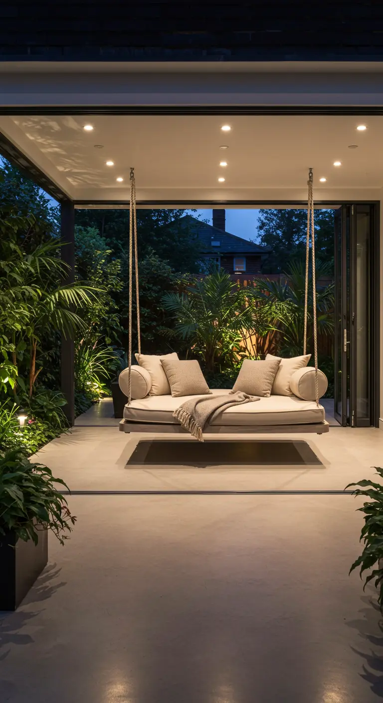 Groot hangend daybed op een overdekt terras met planten en sfeerverlichting.