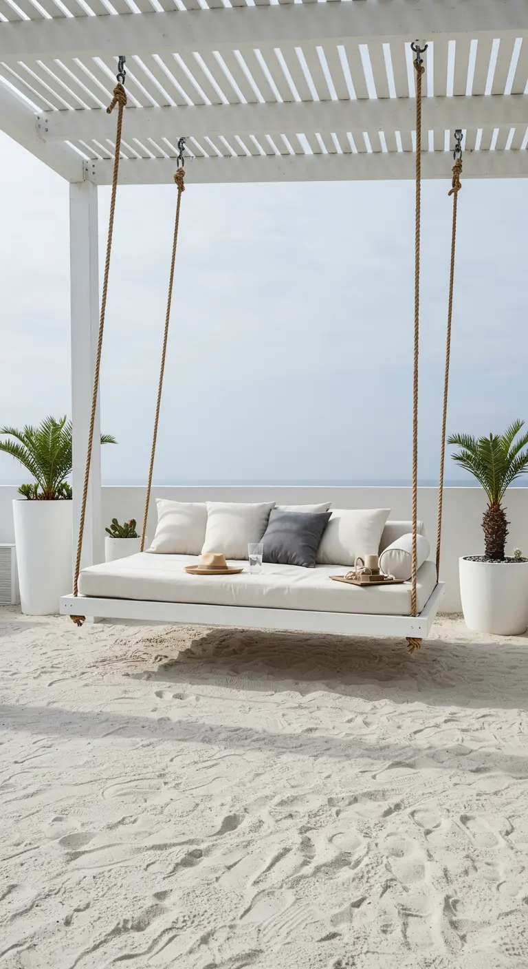 Wit houten daybed schommel met kussens, palmbomen en uitzicht op zee, op wit zand.