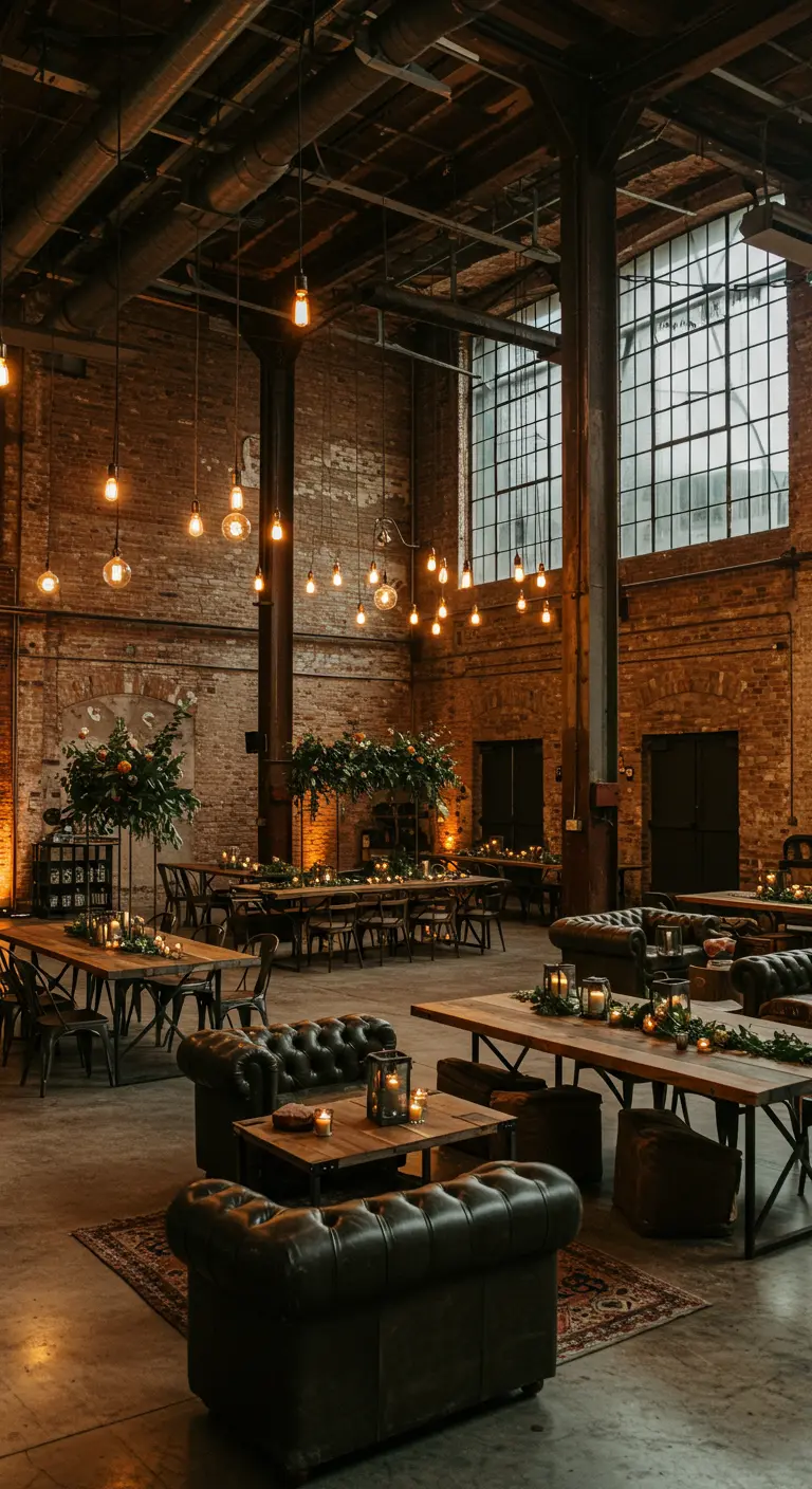 Industriële trouwlocatie met loungehoeken, chesterfield banken en hangende groene decoratie.