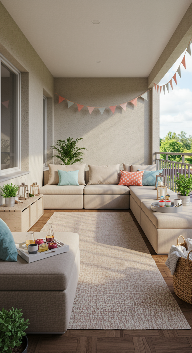 Ruim balkon met grote beige modulaire loungebank, vlaggenlijn en dienbladen met drankjes.