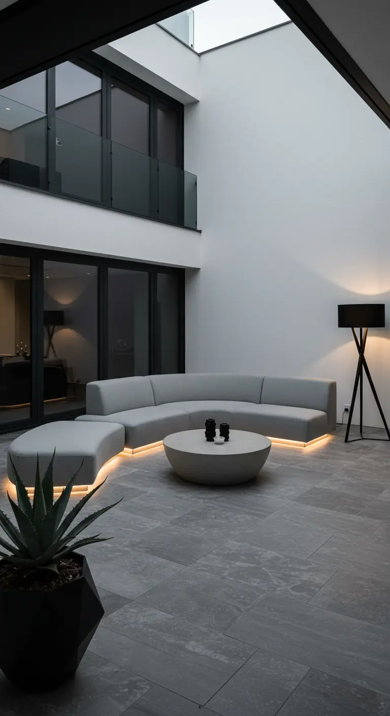 Moderne grijze ronde loungebank met subtiele LED-verlichting eronder en een ronde salontafel.