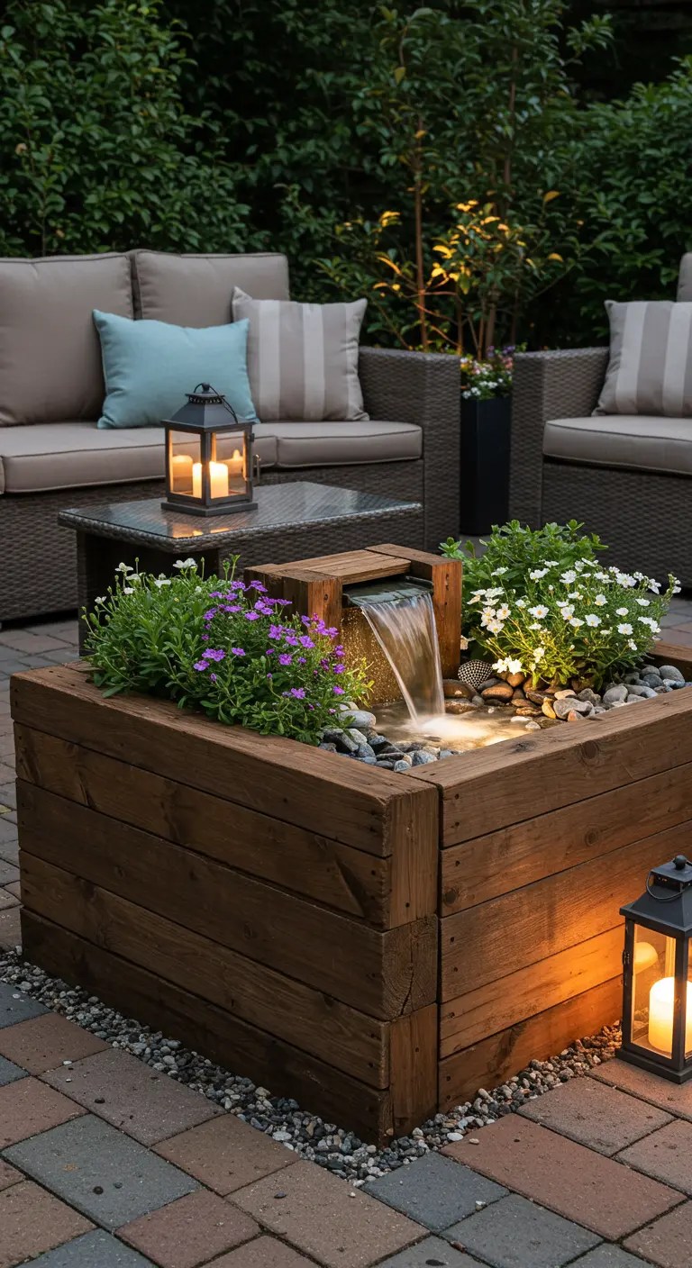 Houten plantenbak met ingebouwde mini-waterval naast een loungeset.