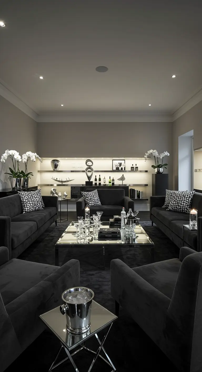 Elegante donkere woonkamer met U-vormige bankopstelling en sfeerverlichting.