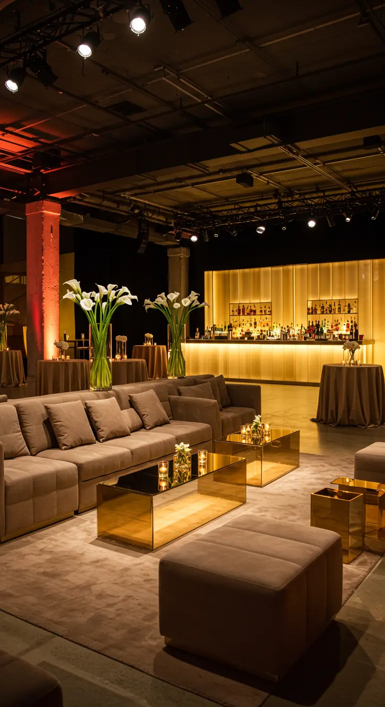 Luxe lounge met beige banken, gouden salontafels en grote witte aronskelken.
