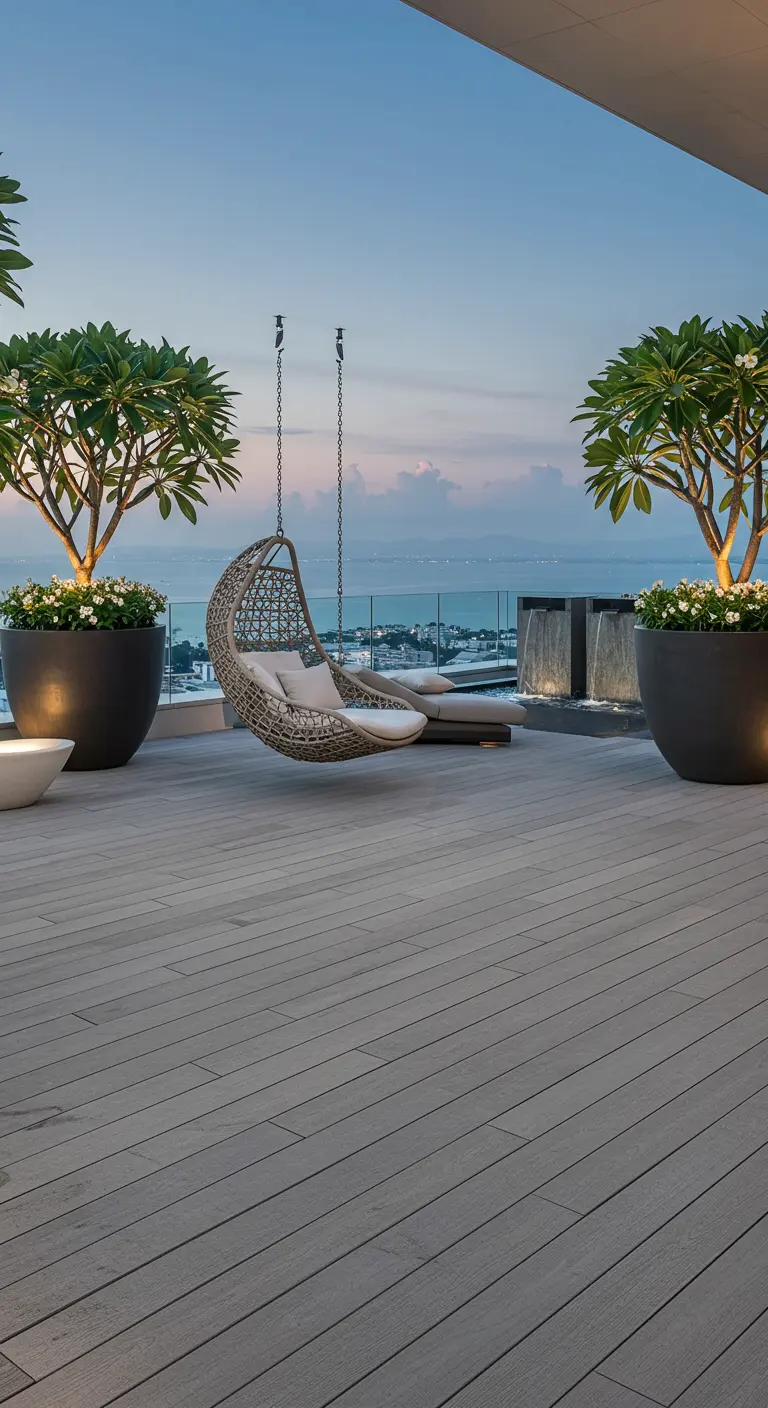 Luxe dakterras met rotan hangstoel, loungebed, grote plantenbakken met bomen en een waterpartij.