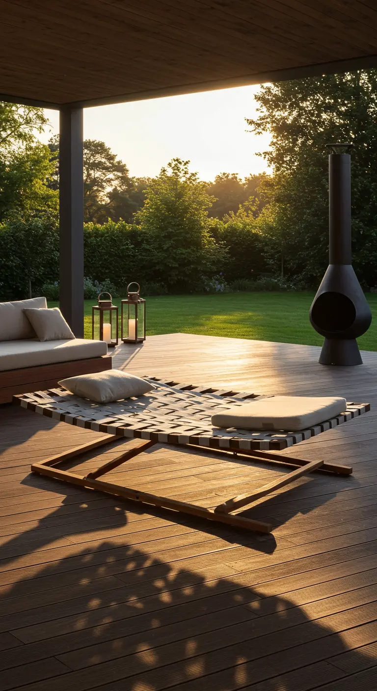 Groot geweven hangplatform met kussens op een houten veranda bij zonsondergang.
