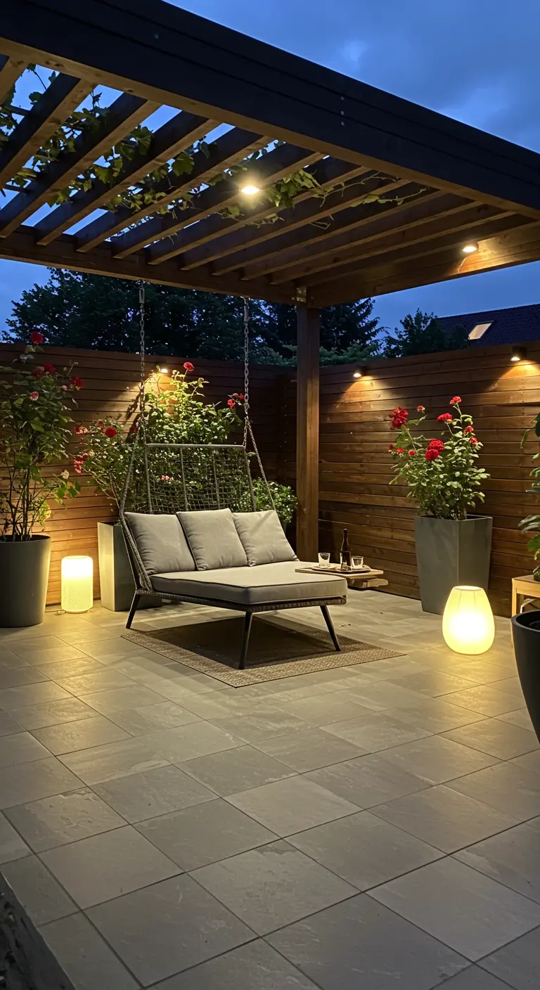 Donkere houten pergola met een brede lounge schommel, moderne vloerlampen en rode rozen in potten.