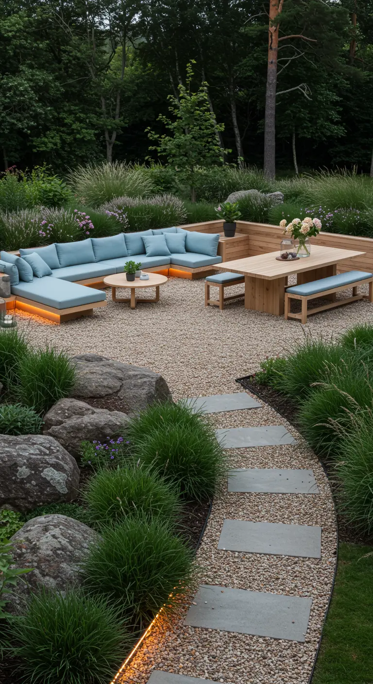 Grote Scandinavische tuin met een houten loungehoek met blauwe kussens, eethoek, en grindpad met stapstenen.