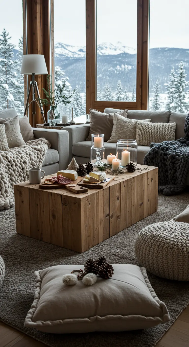 Knusse Scandinavische woonkamer met houten salontafel, plaids, kussens en kaarsen.
