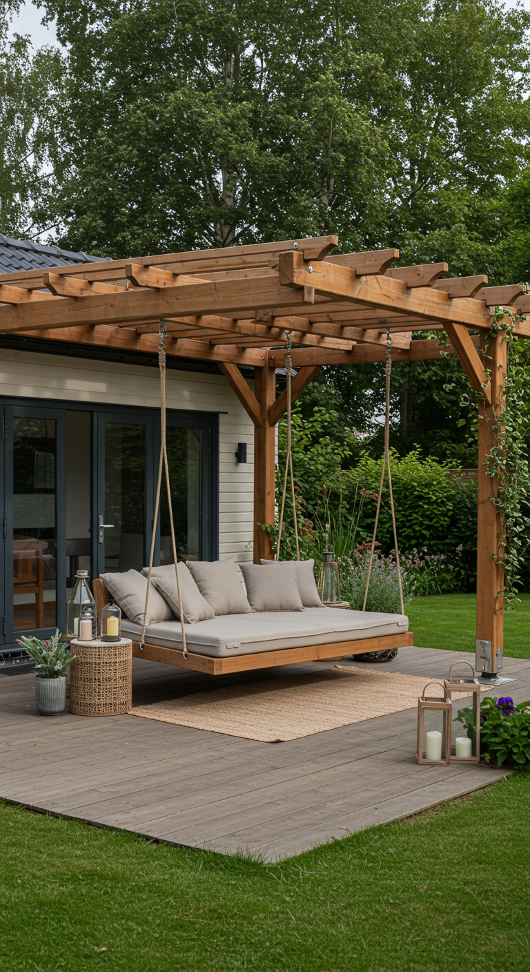 Groot houten schommelbed met beige kussens onder pergola op terras.