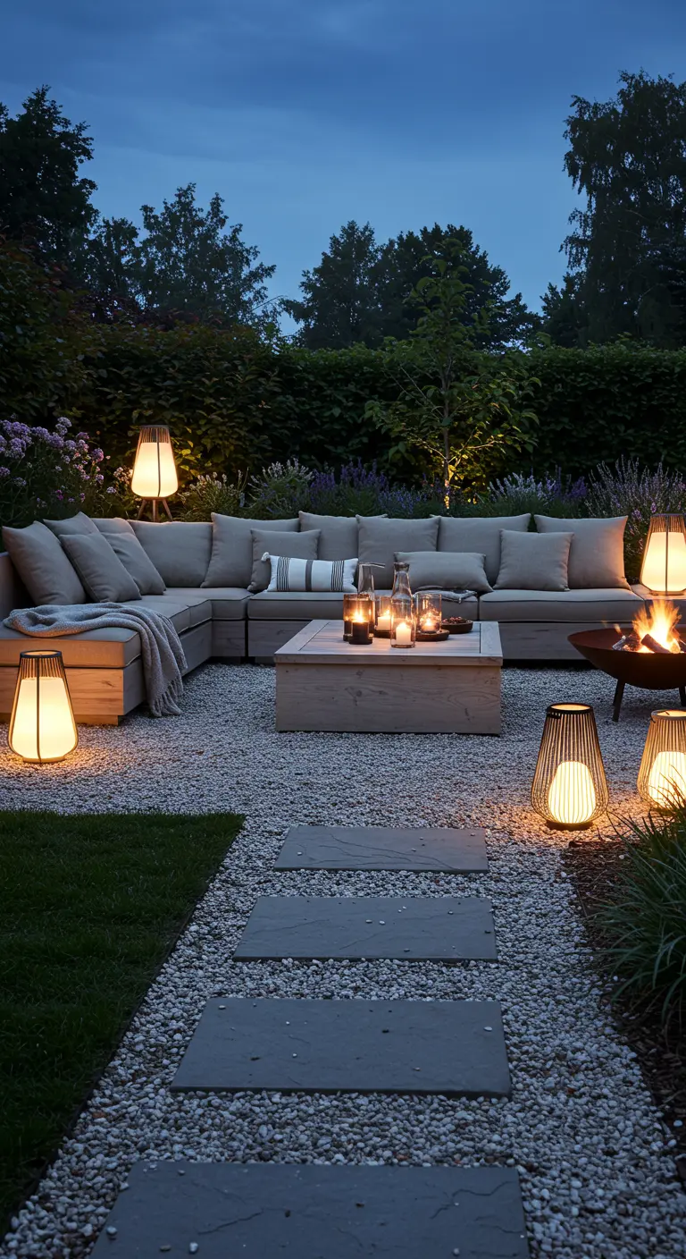 Grote tuin met houten loungebank, vuurschaal, grindpad met stapstenen en sfeervolle lantaarns.