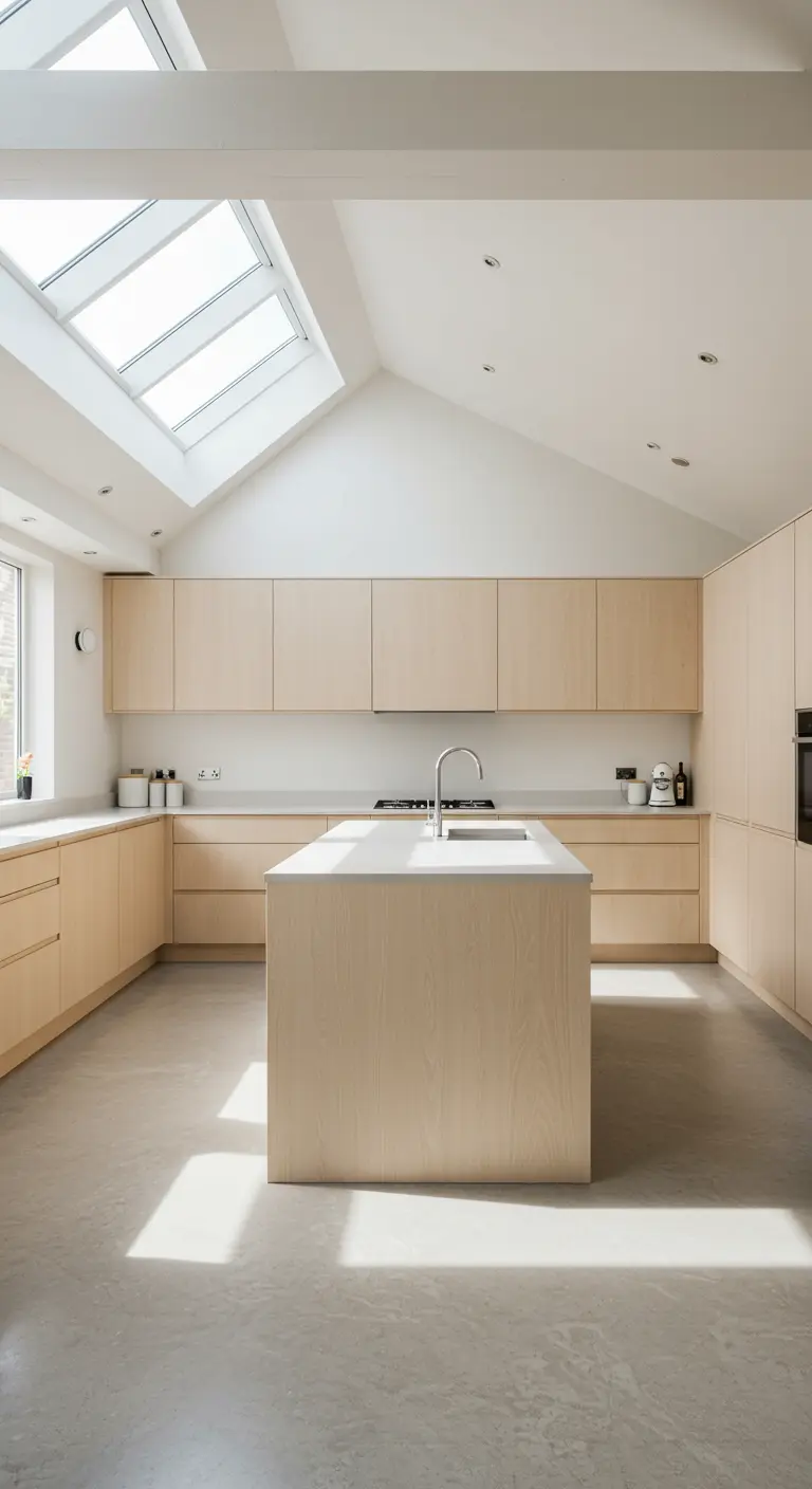 Zeer lichte, minimalistische keuken met licht houten kasten en grote dakramen.