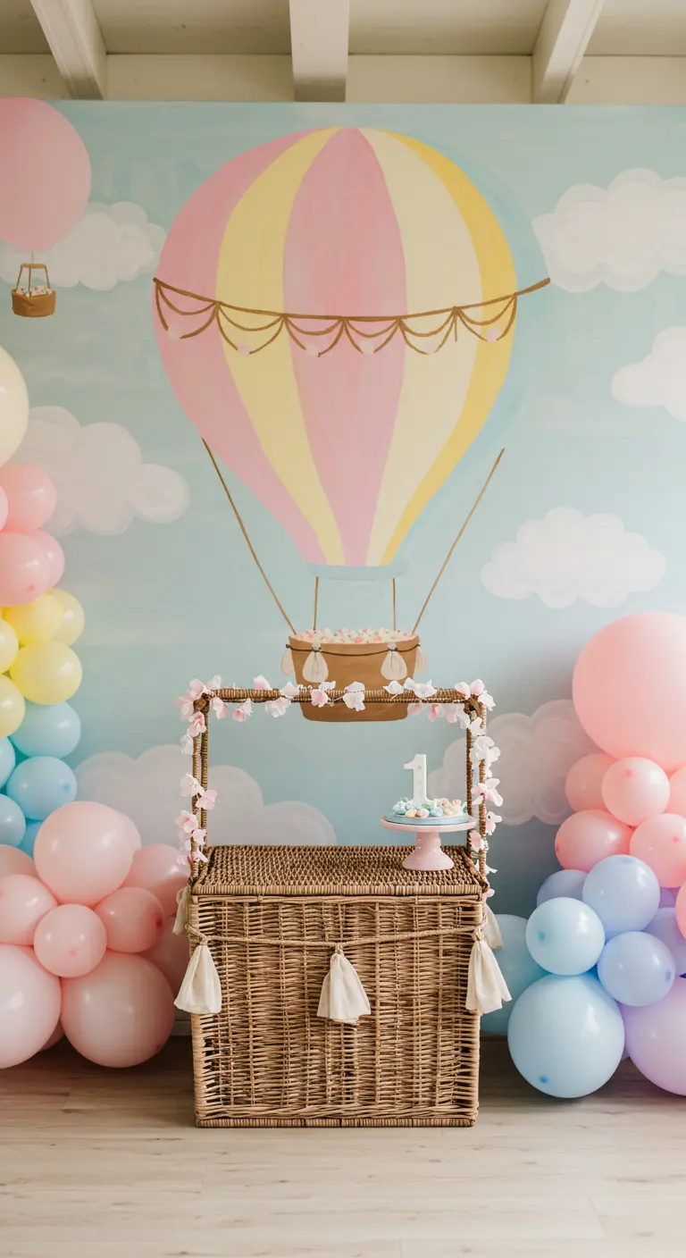 Pastelkleurige backdrop met geschilderde luchtballon, rieten mand als taartdisplay en ballonnen.