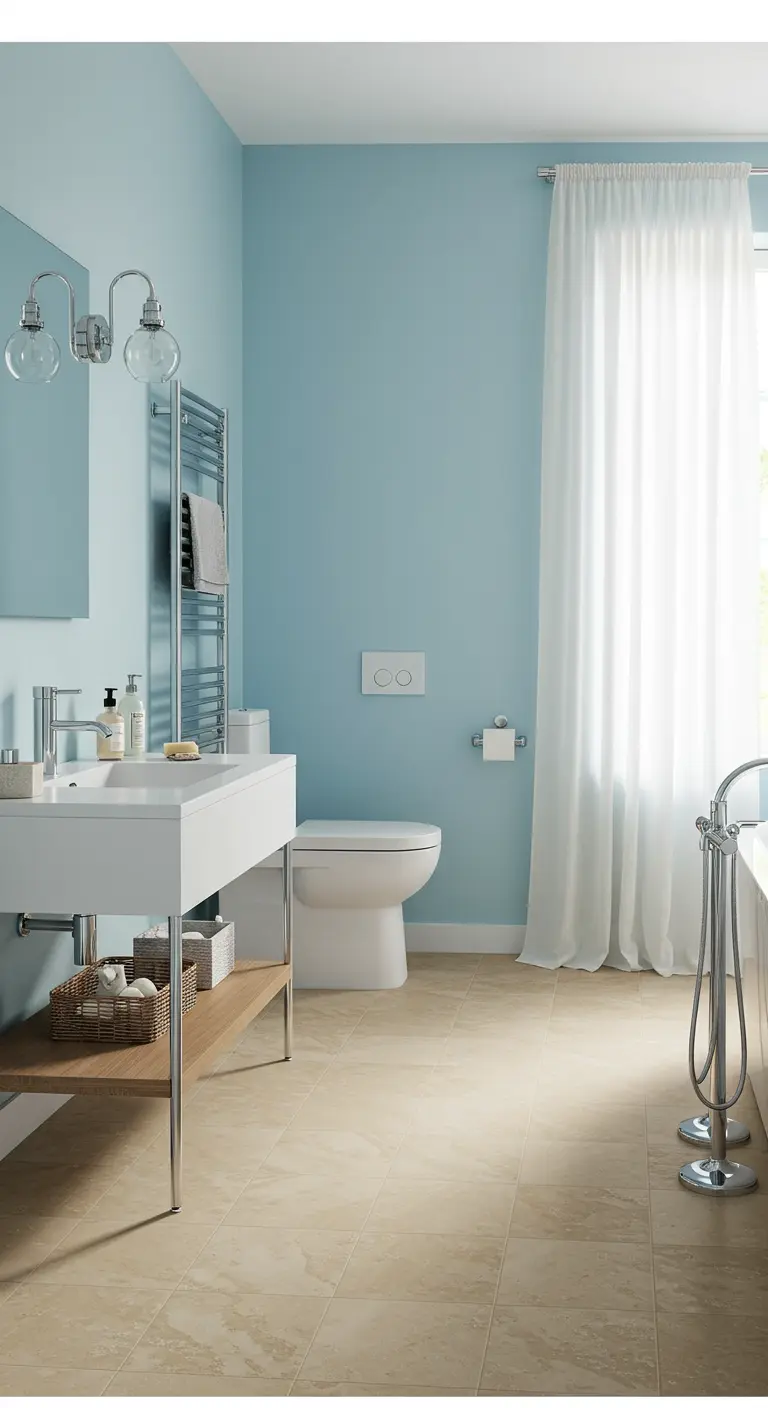Lichte badkamer met hemelsblauwe muren, witte meubels, crèmekleurige vloer en wit gordijn.