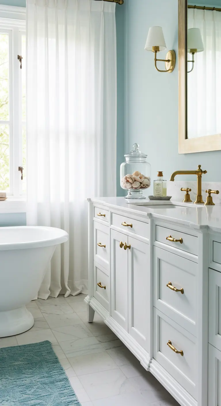 Lichtblauwe badkamer met wit meubel en gouden hardware