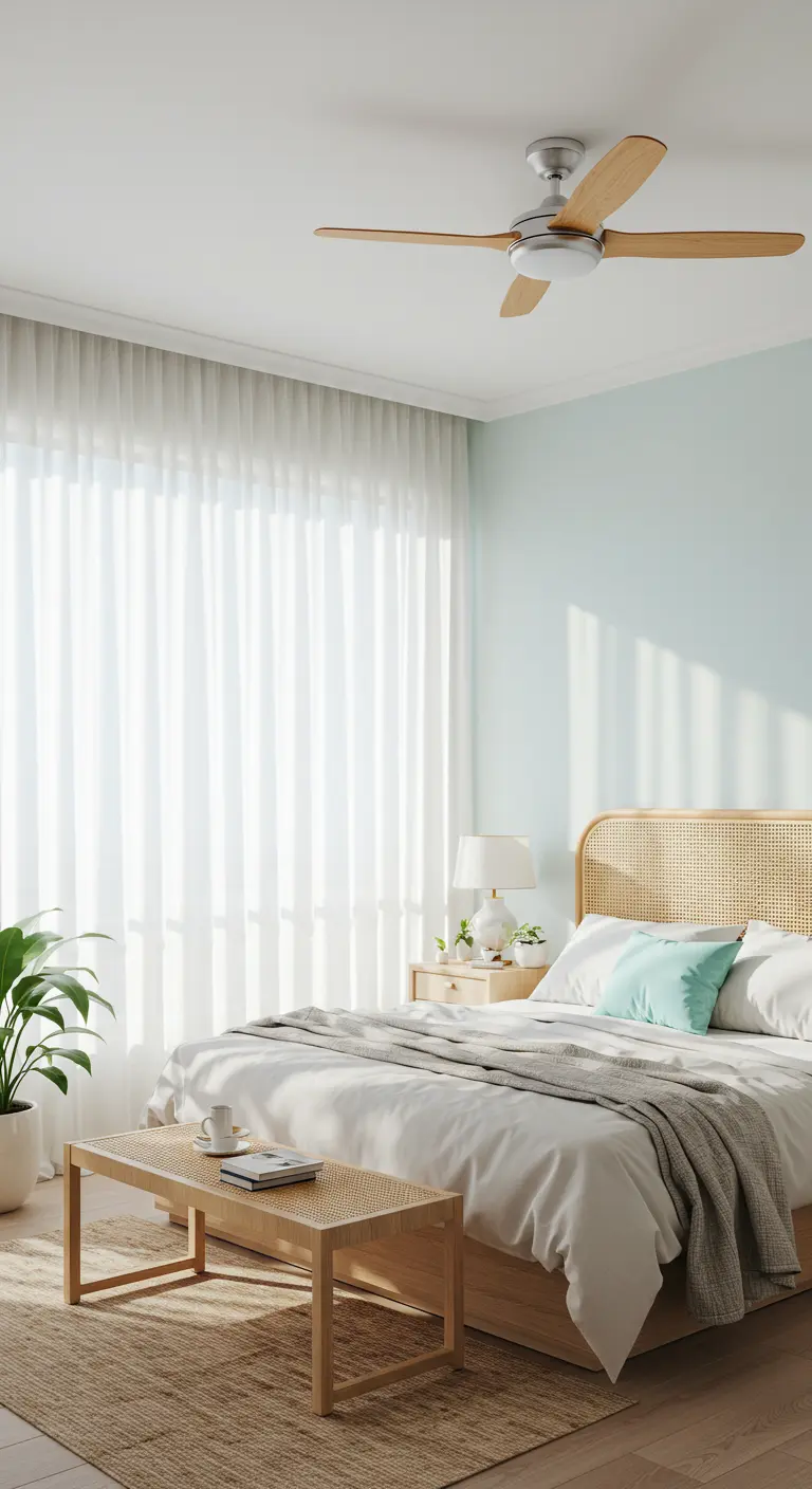Lichte slaapkamer met plafondventilator, rotan hoofdbord en lichte gordijnen.