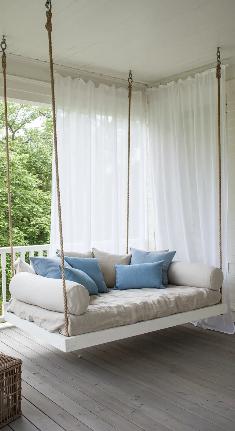 Wit houten schommelbed met lichte kussens en witte voile gordijnen op een veranda.