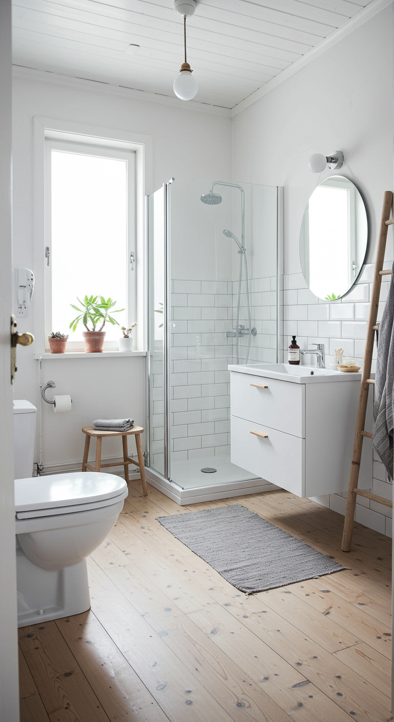 Lichte Scandinavische badkamer met houten vloer, ladder handdoekrek en kleine planten.
