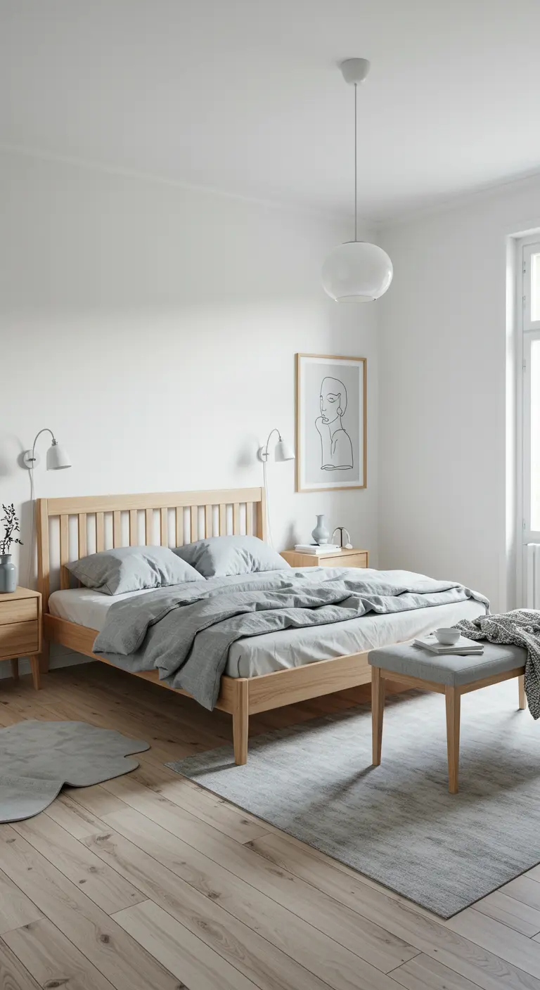 Minimalistische Scandinavische slaapkamer met licht houten bed, grijze accenten en houten vloer.