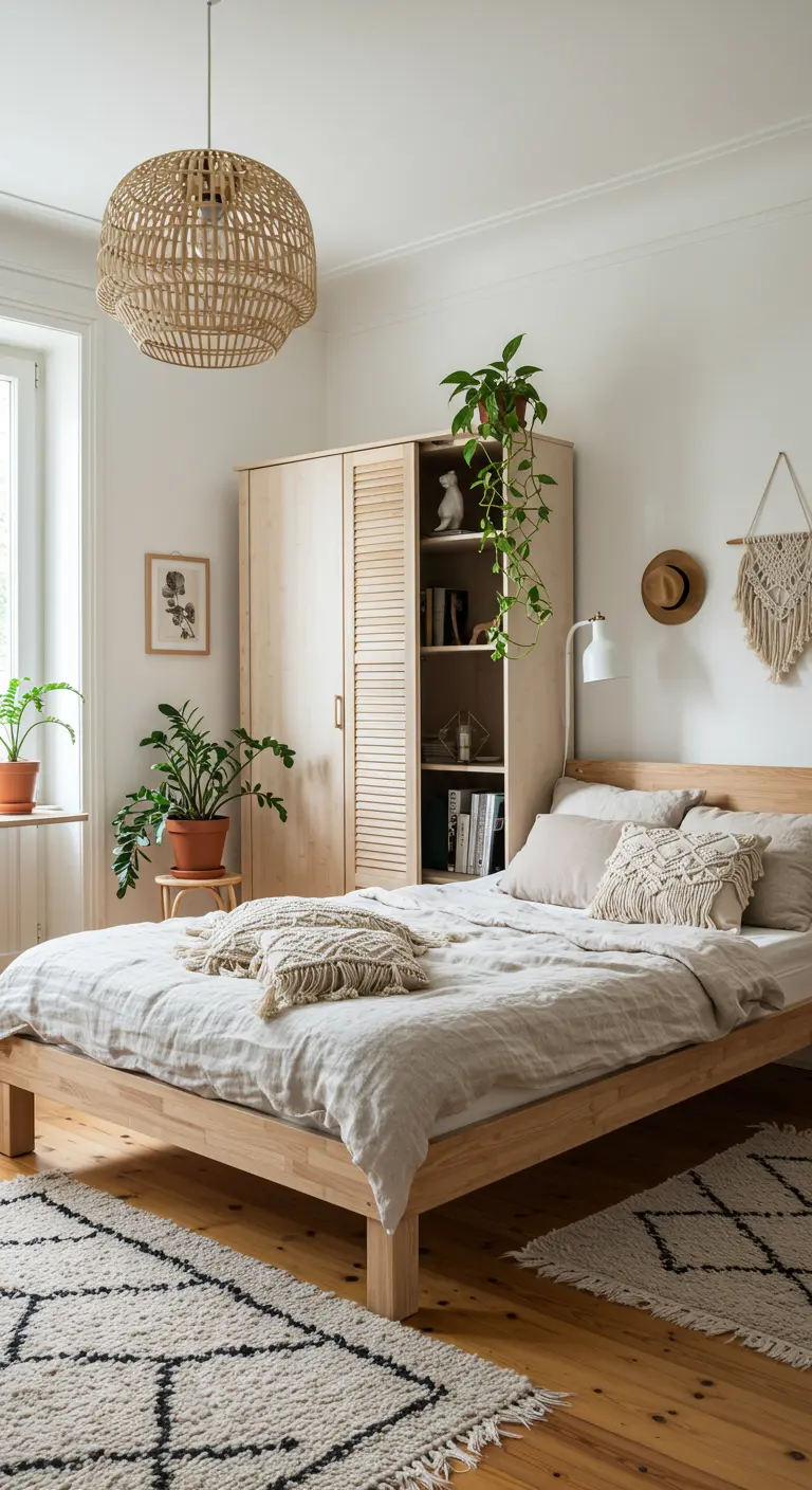 Lichte Scandinavische slaapkamer met houten kast waarin een open werkplek is.