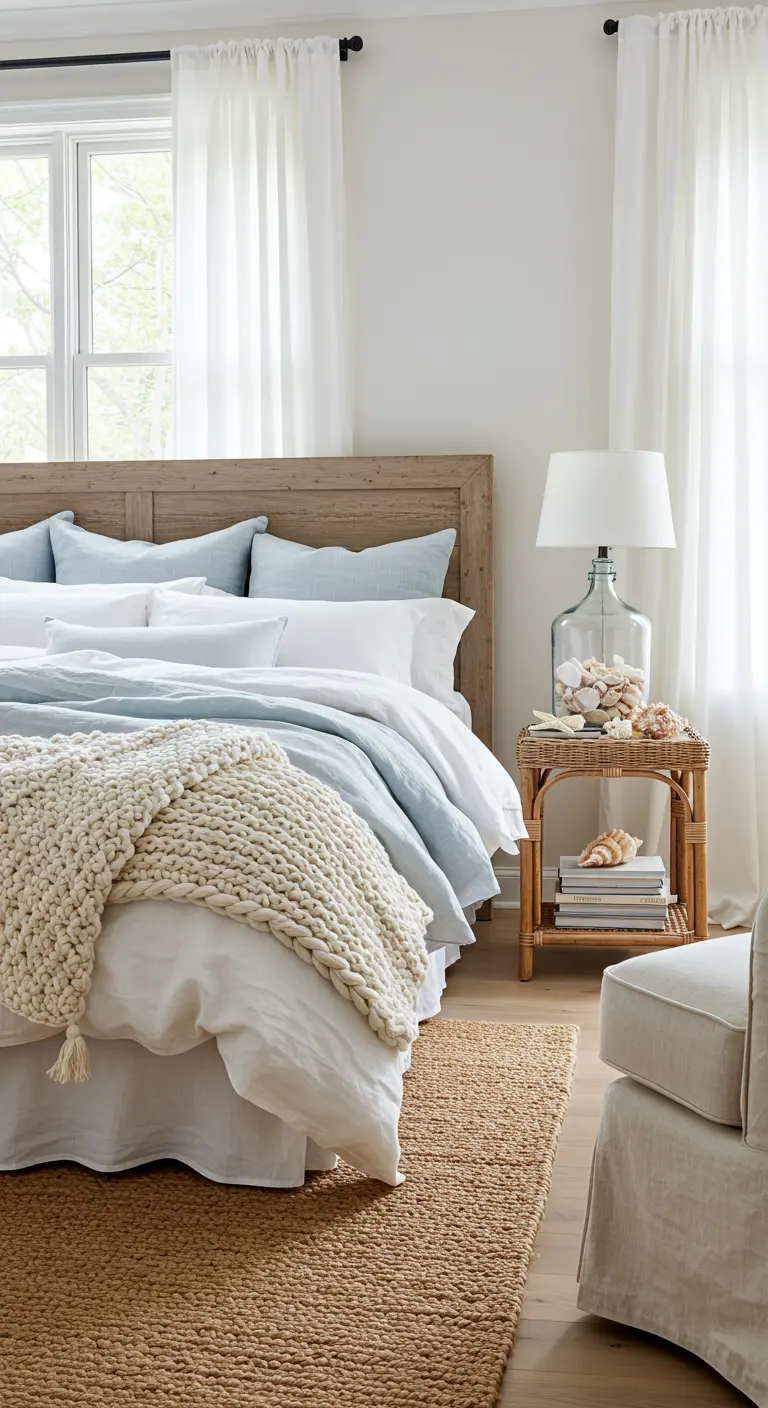 Lichte slaapkamer in kuststijl met houten hoofdbord en rotan nachtkastje.
