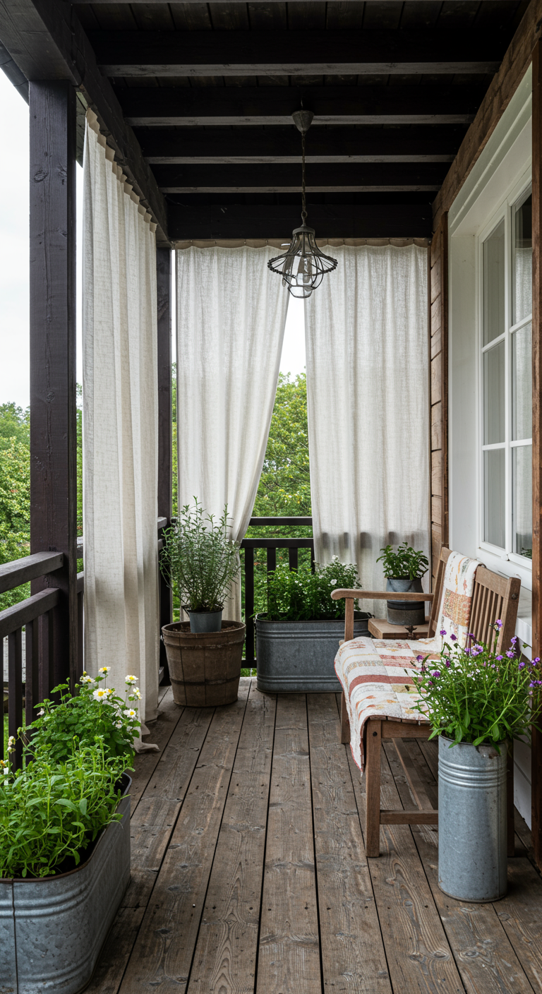 Landelijk balkon met lichte linnen-look gordijnen, houten bankje en planten in zinken bakken.