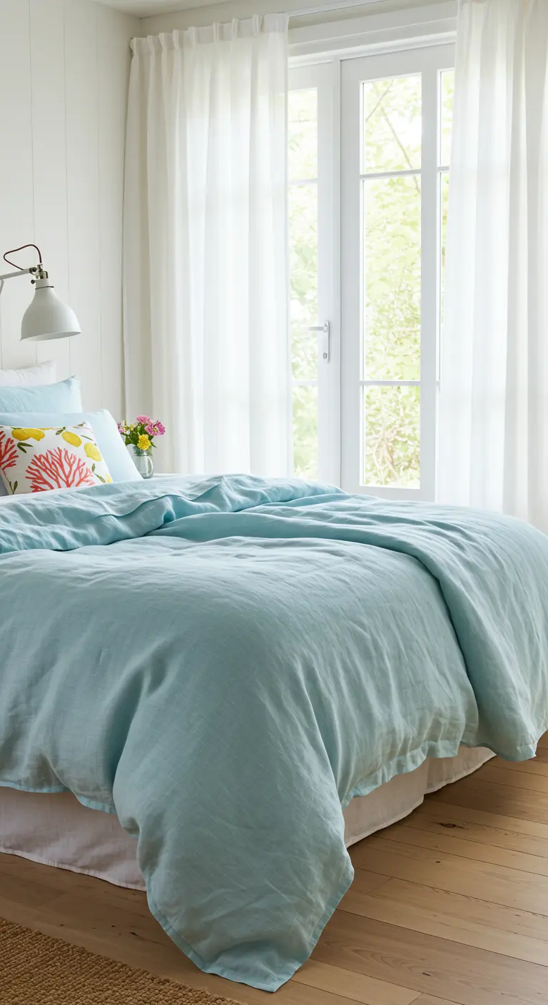 Bed met lichtblauw linnen beddengoed en koraalprint kussen, bij een raam met witte gordijnen.