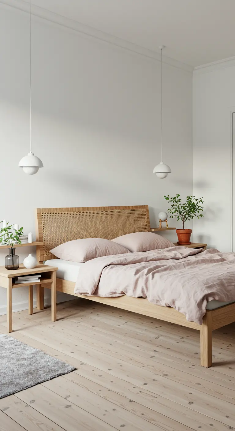 Licht houten bedframe met rotan webbing hoofdbord in minimalistische slaapkamer.