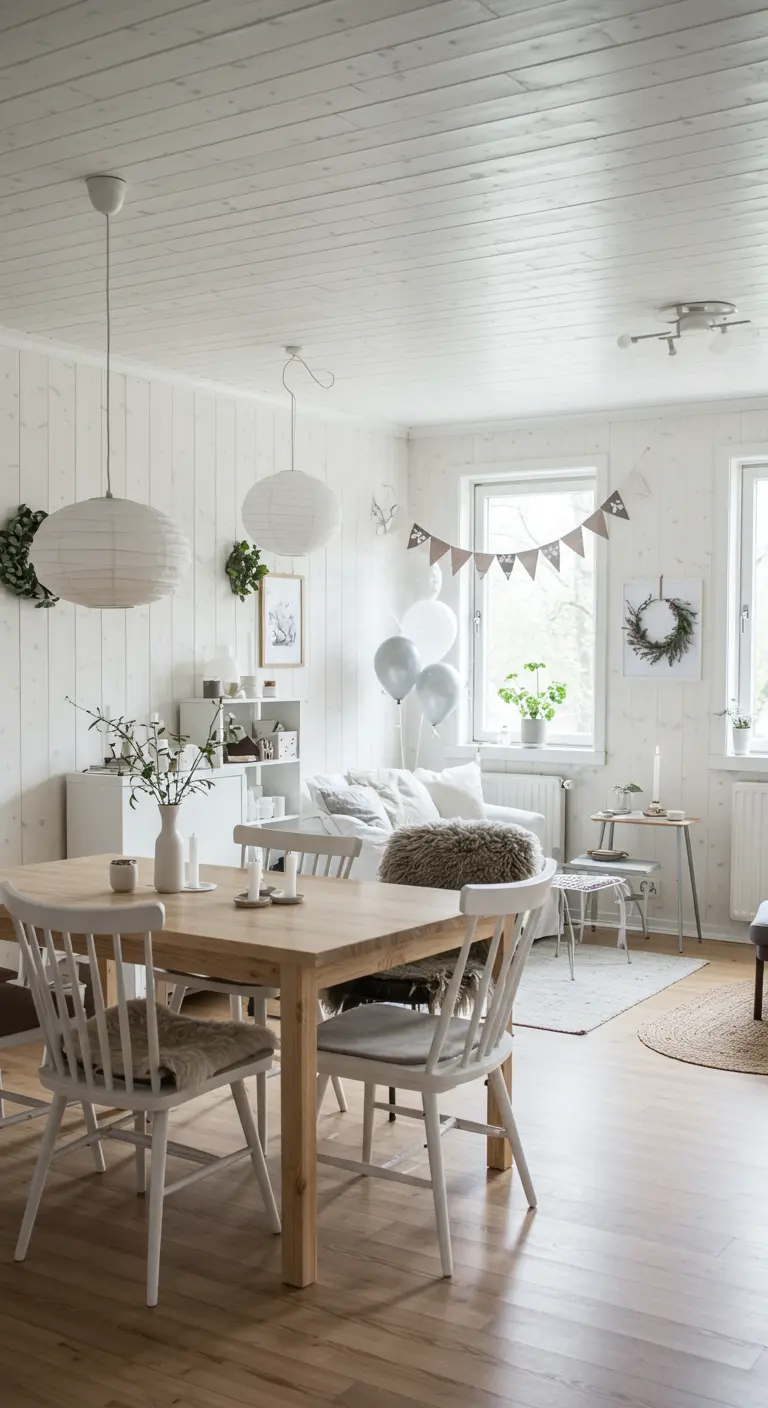 Lichte Scandinavische eetkamer met houten tafel, witte stoelen en papieren lampionnen.