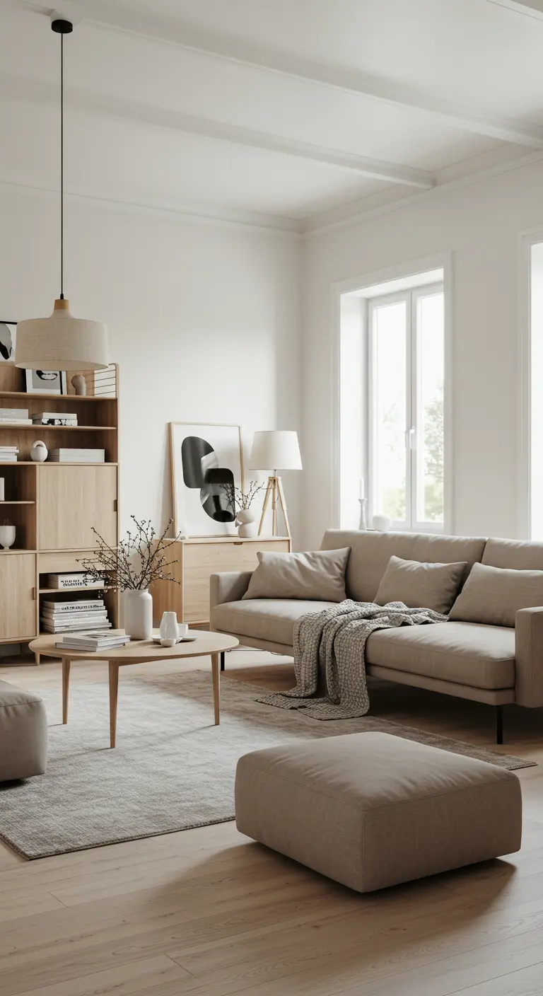 Scandinavische woonkamer met lichte houten kast, beige bank en abstracte kunst.