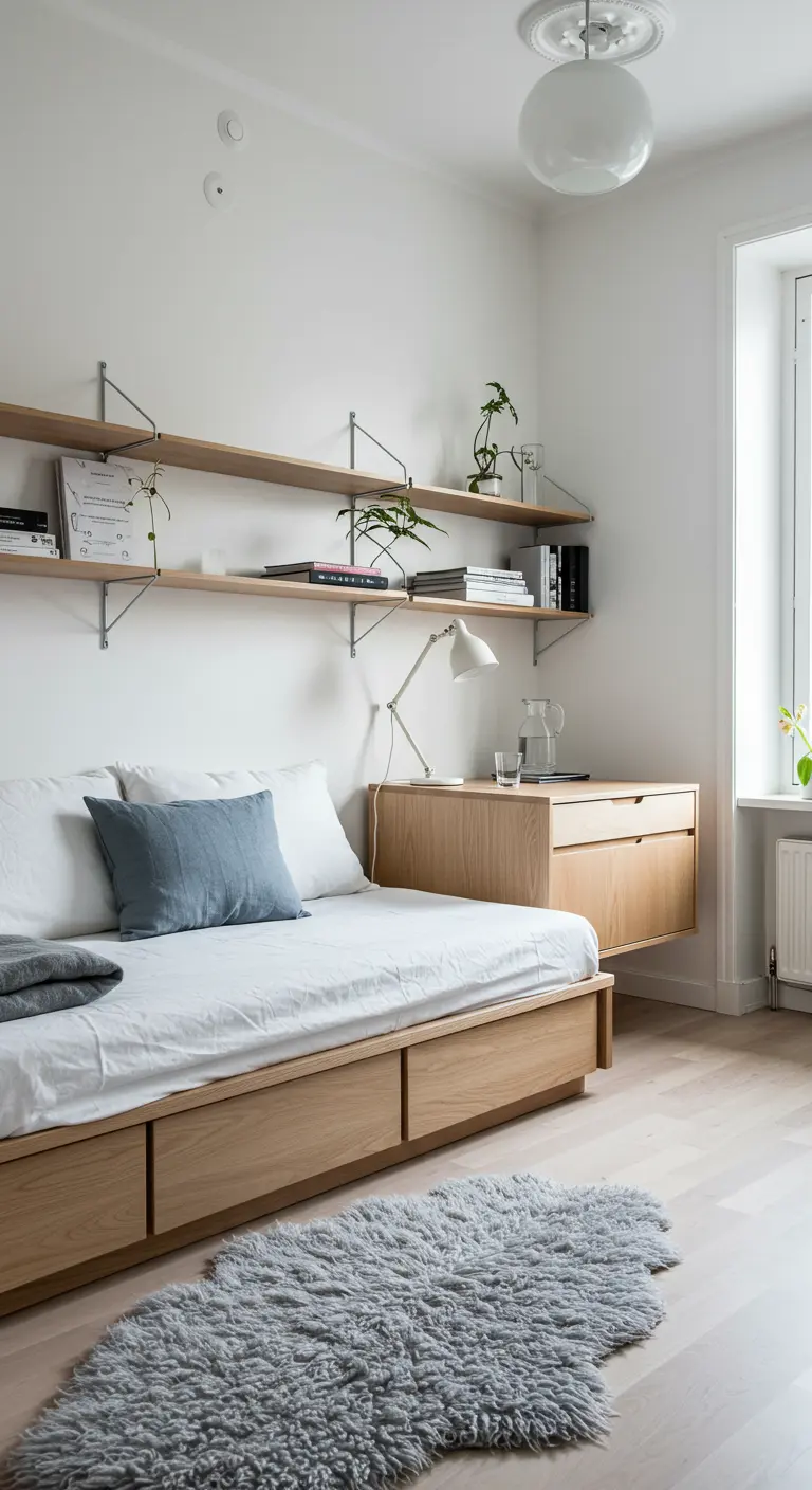 Lichte logeerkamer met houten bedlades, wandplanken en grijs schapenvachtje.