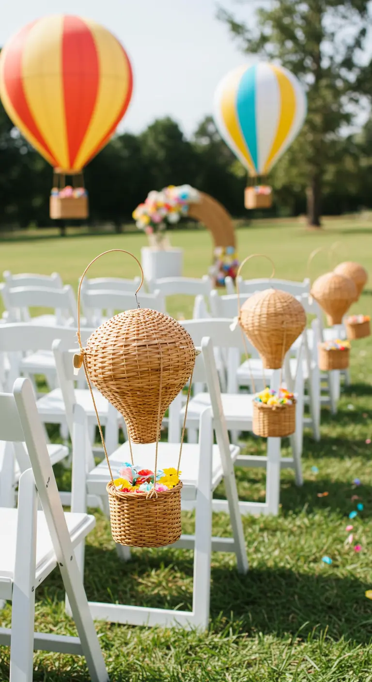 Witte stoelen op gras met mini-luchtballonnen eraan, gevuld met confetti.
