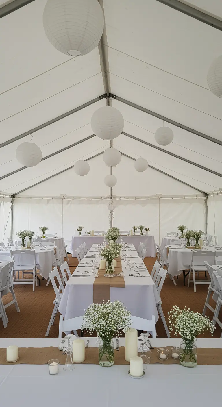Witte bruiloftstent met tafels gedecoreerd met gipskruid en witte lampionnen aan het plafond.