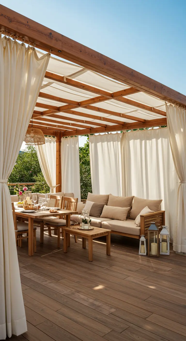 Houten pergola met witte, wapperende gordijnen rond een loungehoek op een vlonderterras.