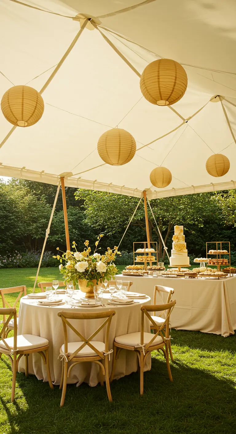 Buitenfeest in een tent met beige papieren lampionnen, ronde tafels en een dessertbuffet.