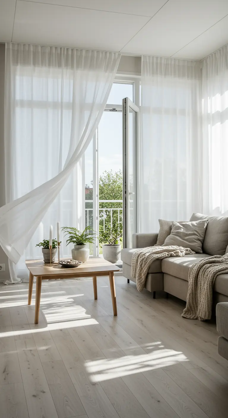 Witte, licht wapperende gordijnen in een lichte woonkamer met houten vloer.