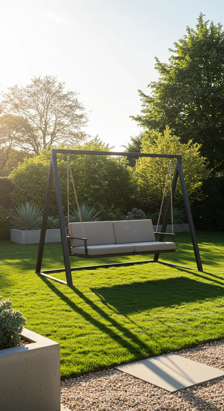 Moderne zwarte metalen schommelbank met lichte kussens op een groen gazon bij zonsondergang.