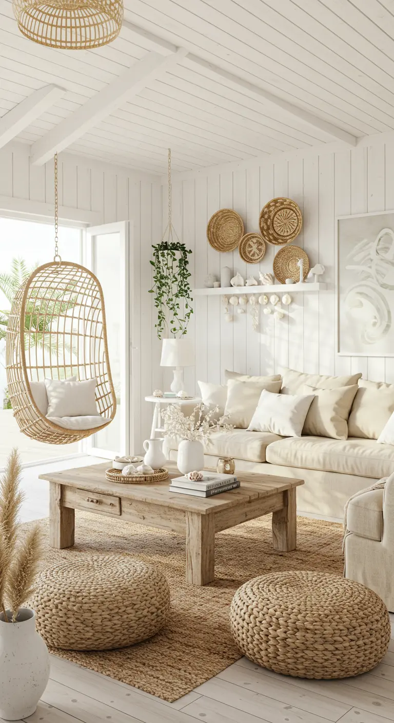 Lichte boho woonkamer met witte muren, rotan hangstoel, houten tafel en geweven poefs.