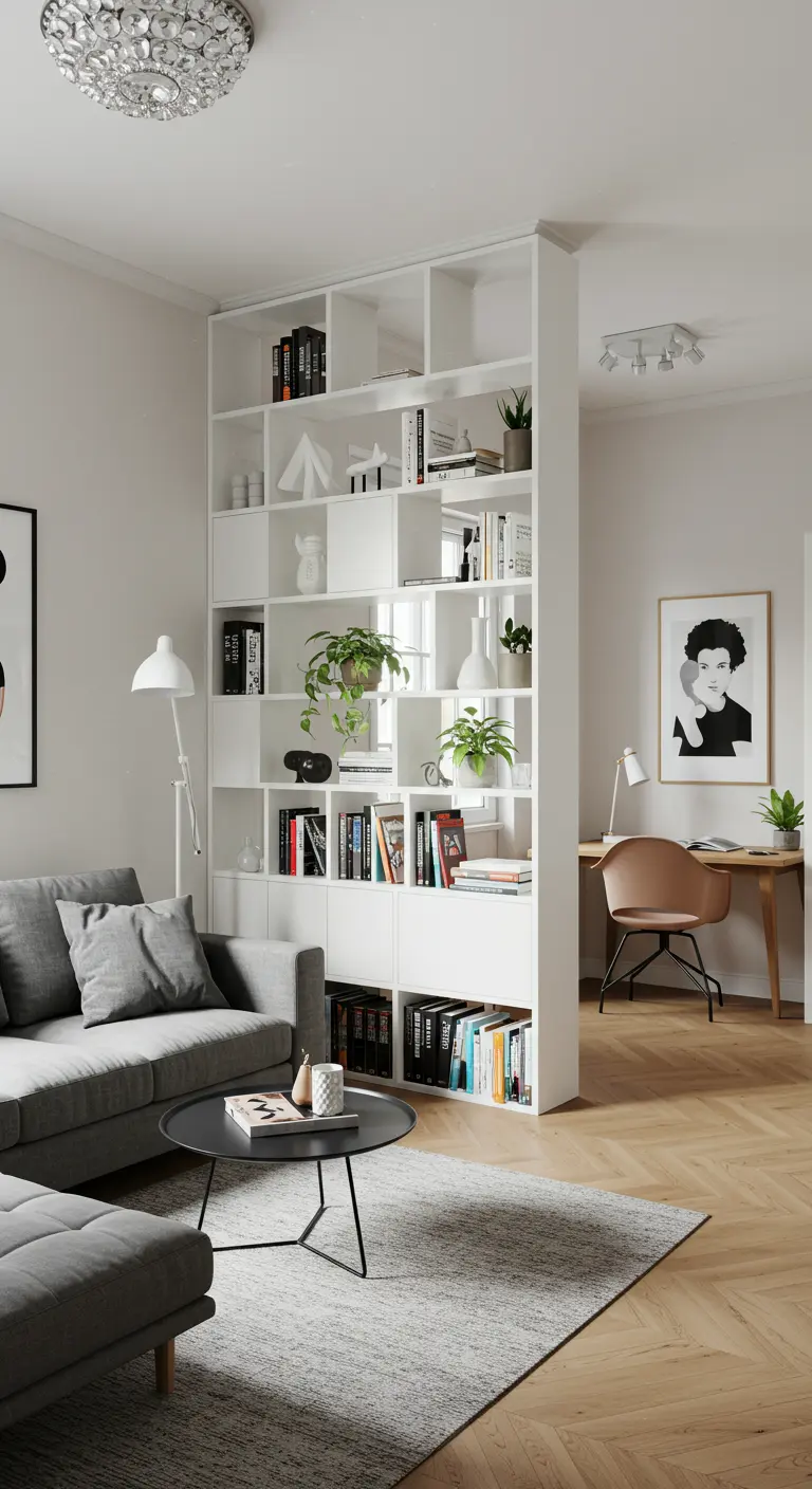 Witte open boekenkast als room divider tussen zithoek en werkplek in een lichte studio.