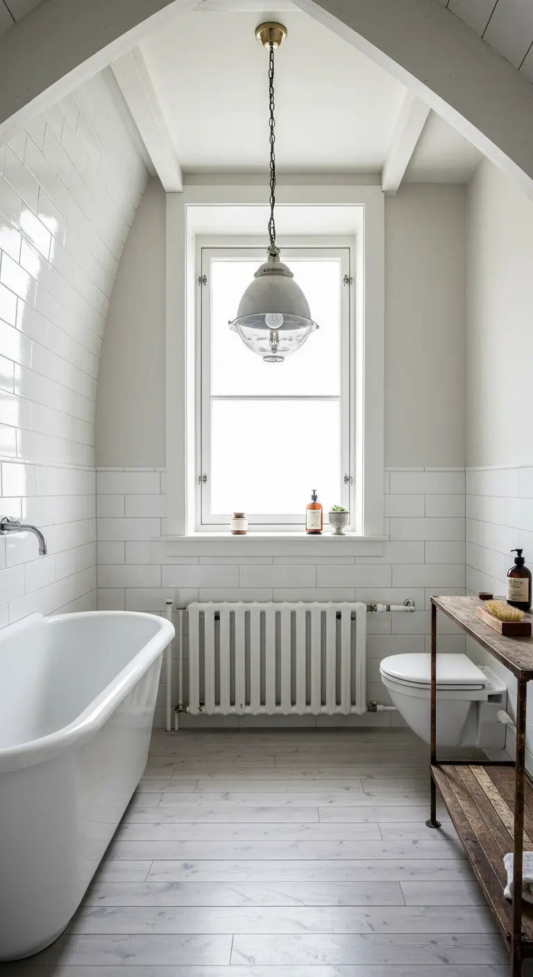 Witte klassieke radiator onder een hoog raam in een lichte badkamer met witte tegels en houten vloer.