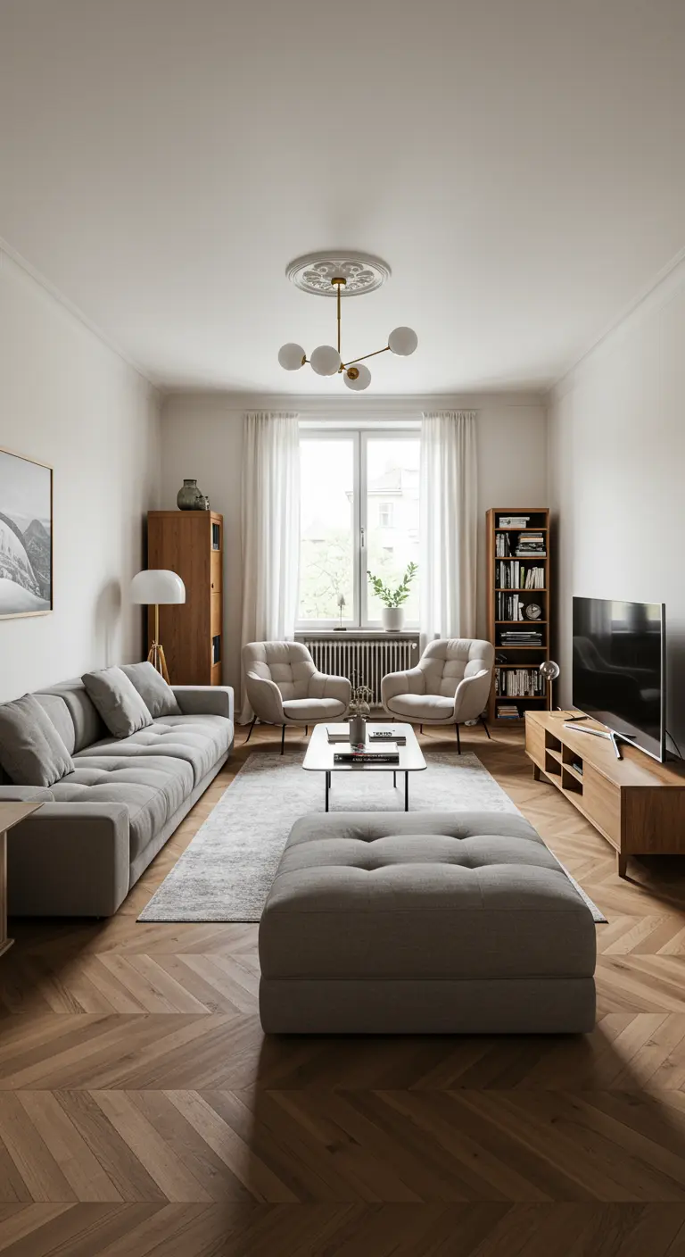 Lichte woonkamer met visgraatvloer, grijze bank, twee fauteuils bij raam en houten meubels.