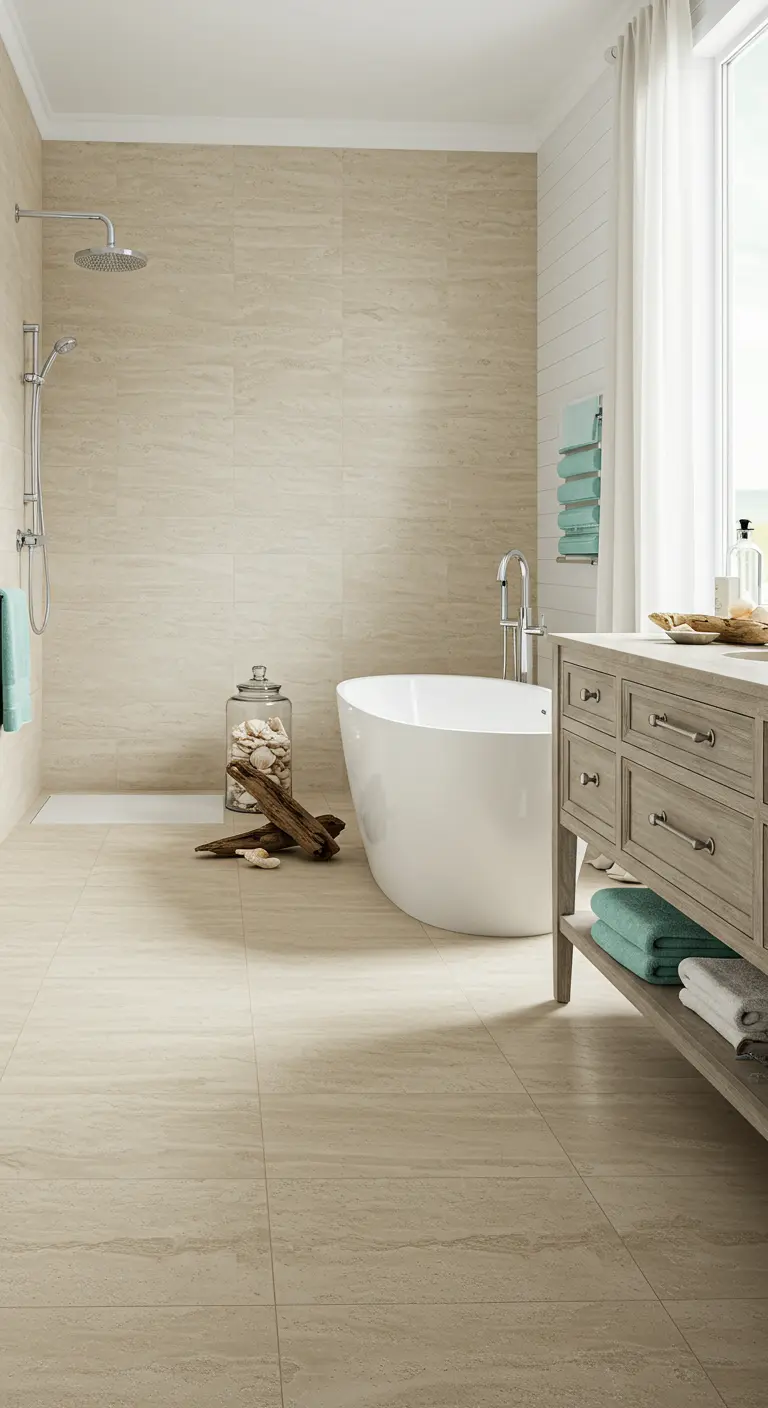 Lichte badkamer met grote beige tegels, vrijstaand bad en decoratie met schelpen en drijfhout.
