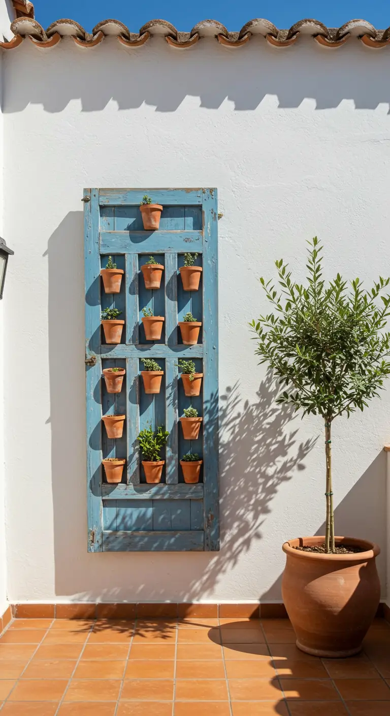 Blauwgeverfd houten luik aan een witte muur, met kleine terracotta potjes eraan bevestigd.