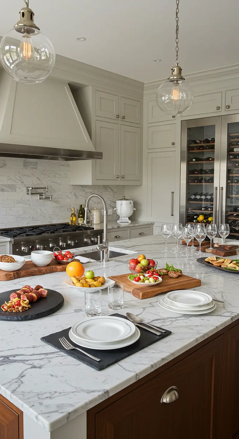 Luxe keuken met marmeren eiland, wit servies en elegante glazen voor een borrel.