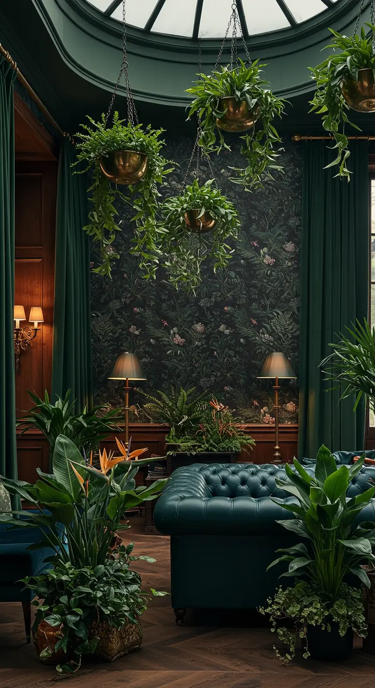 Luxueuze woonkamer met diepgroene tinten, fluwelen bank, en veel planten in gouden potten.