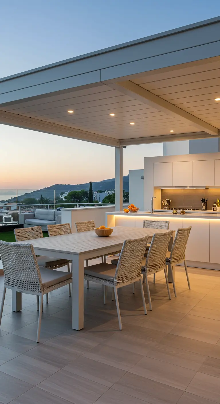Moderne buitenkeuken met eethoek en lichtgekleurde polyrotan stoelen onder een witte overkapping.