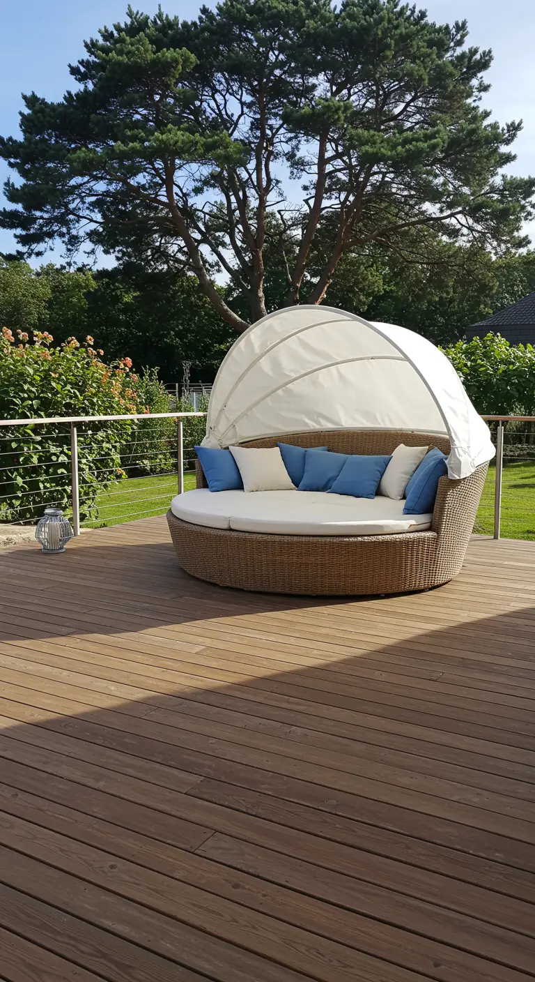 Groot rond polyrotan daybed met wit zonnescherm en blauwe kussens op houten vlonder.