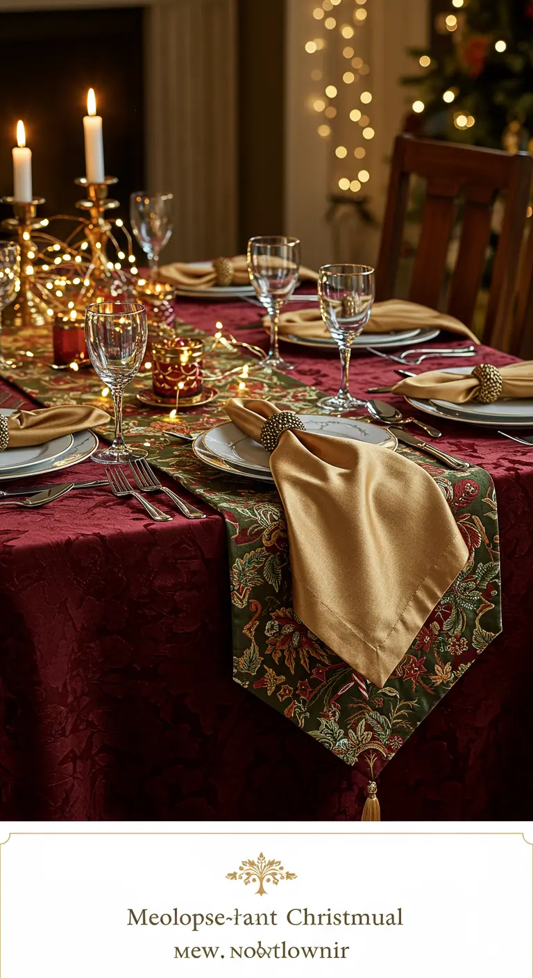 Feestelijk gedekte tafel met bordeauxrood tafelkleed, goudkleurige servetten en kaarslicht.