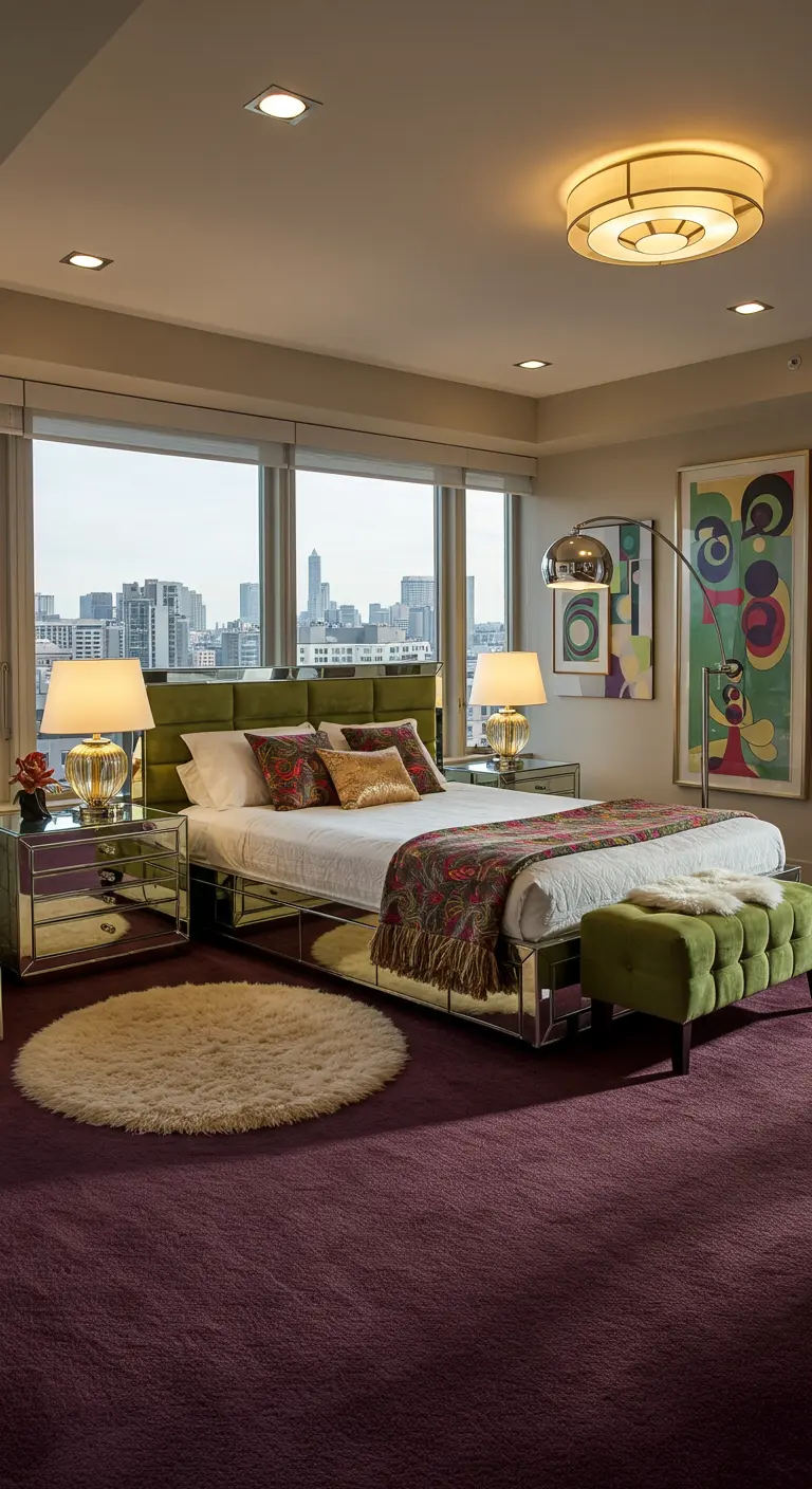Luxe slaapkamer met spiegelmeubels, paars vloerkleed en moderne kunst, uitzicht op stad.