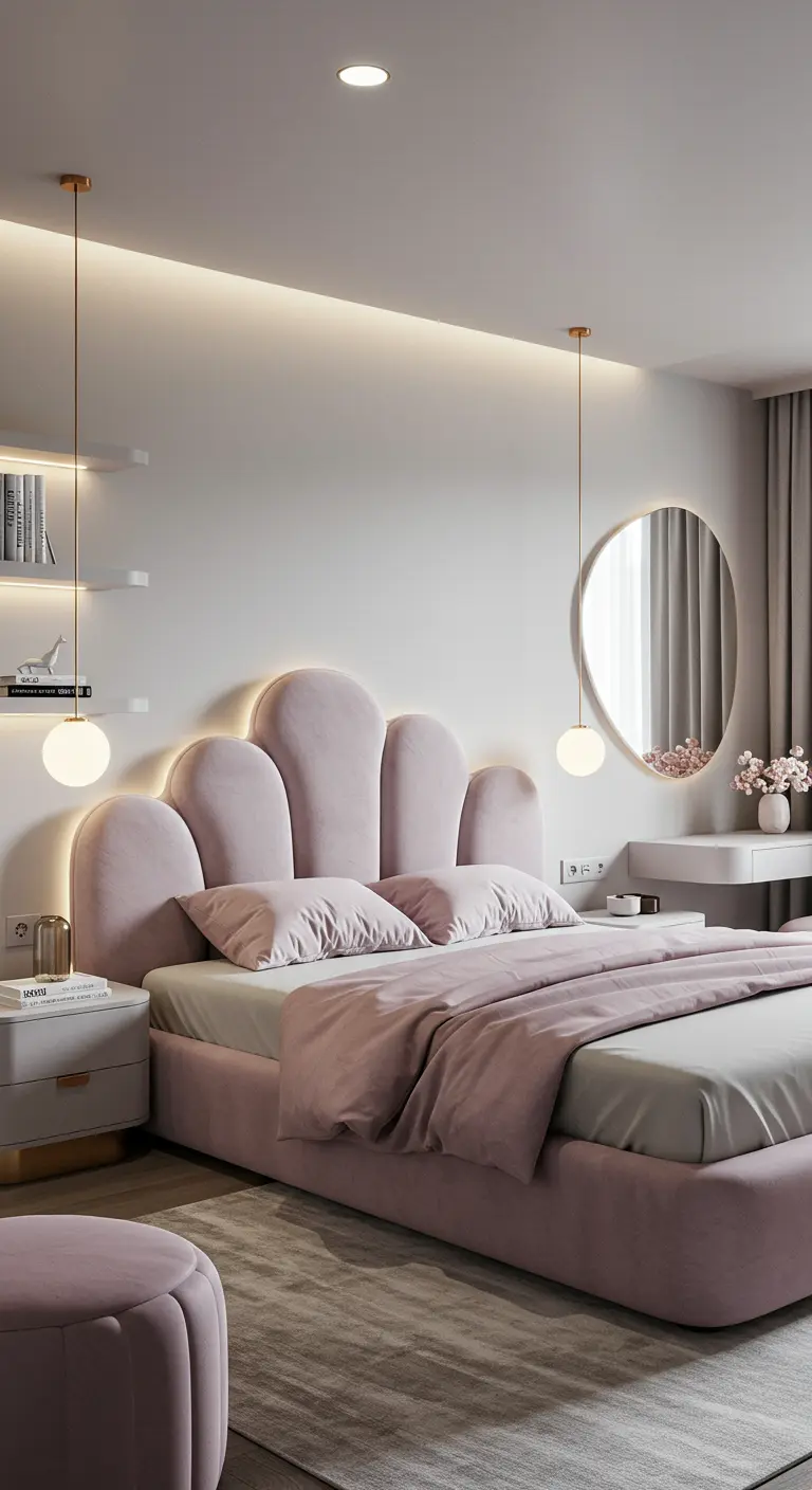 Roze slaapkamer met schelp hoofdbord, verborgen verlichting, ronde spiegel en slanke gouden hanglampen.